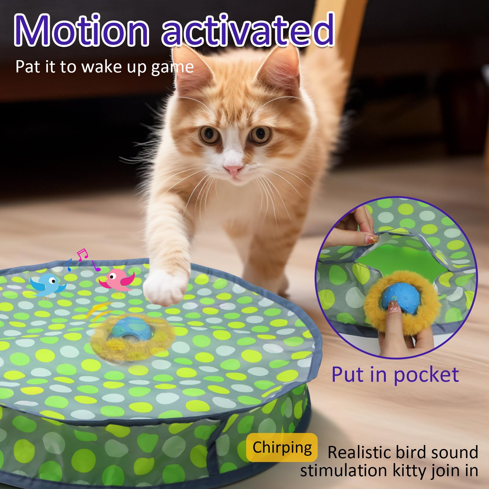 Giociv motion-activated ball inside bag demonstrates easy, engaging kitty pursuit.
