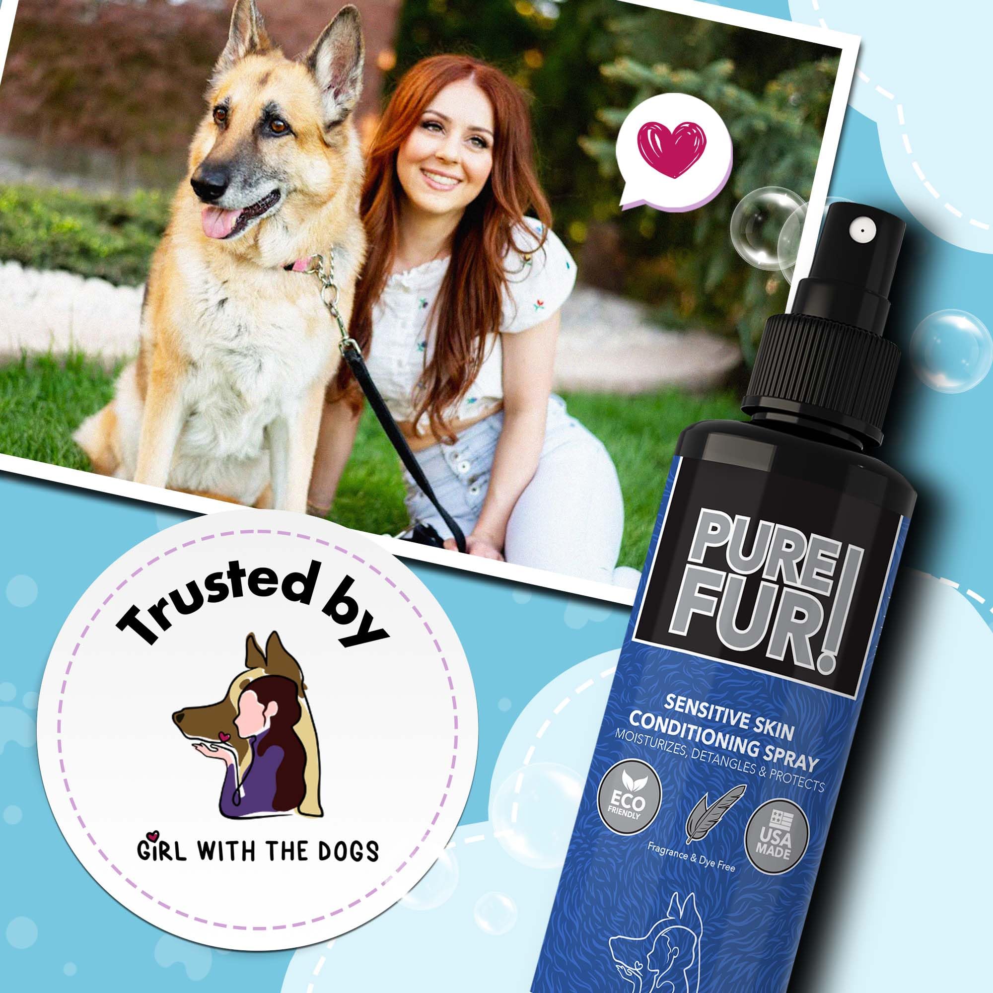Girl With The Dogs Pure Fur detangler spray tackles mats and boosts fur gloss.