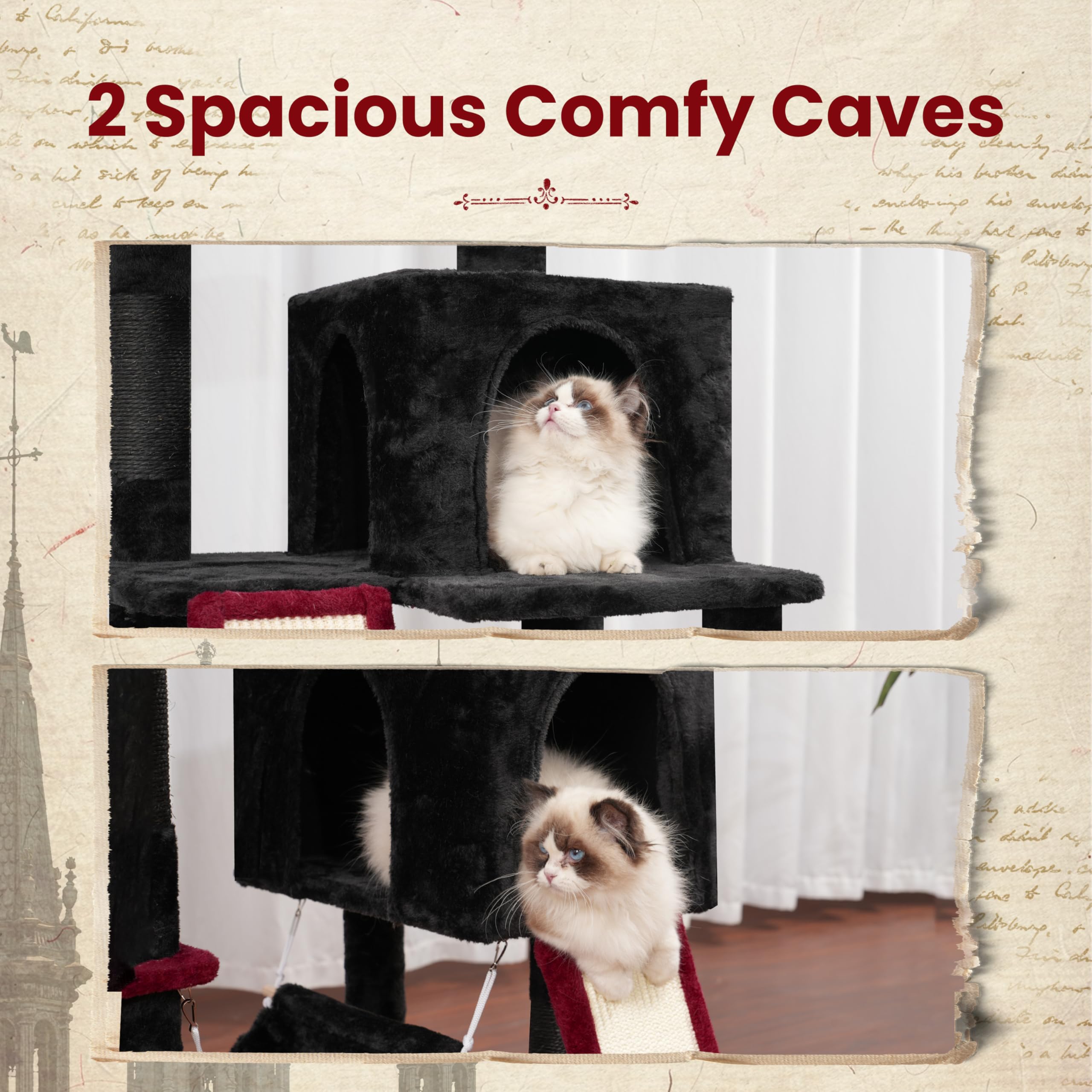 Gitelsnour cat tree features two plush caves for cozy rest.