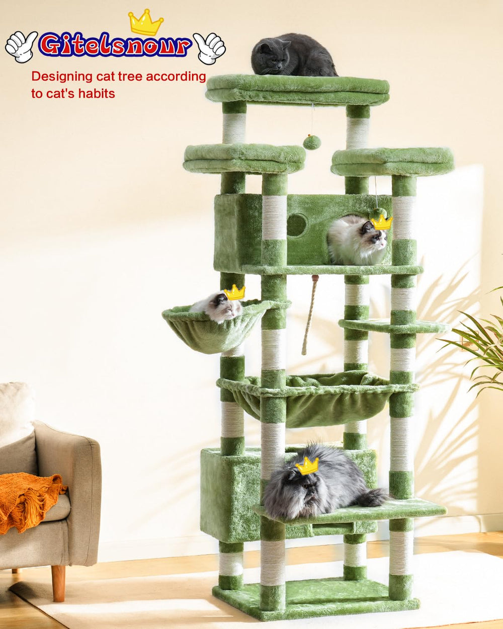 Gitelsnour cat tree 74in three big platforms offer spacious lounging spaces.