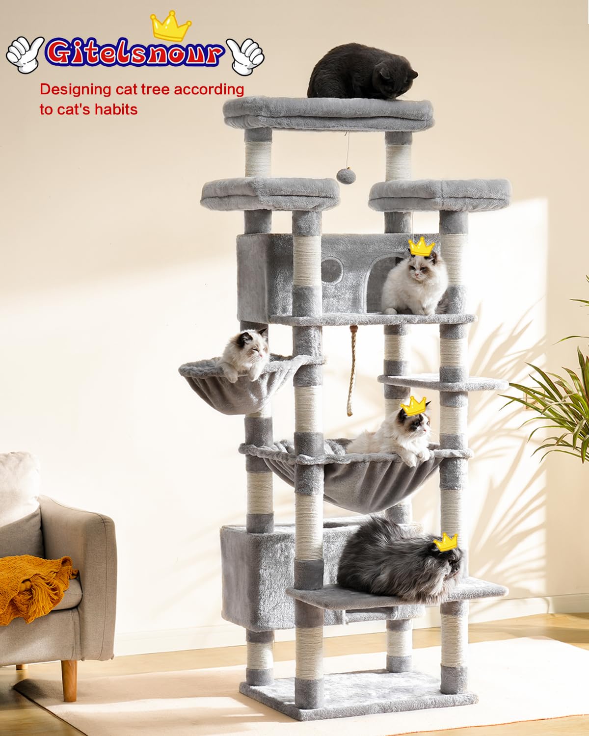Gitelsnour 74-inch large platforms provide spacious resting spots for big cats