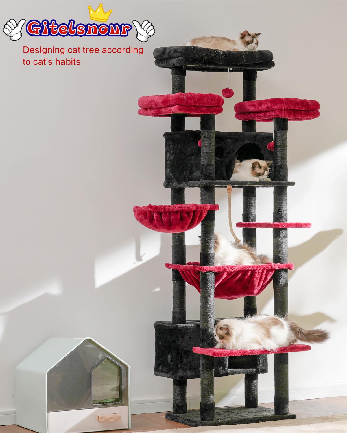 Gitelsnour cat tree with large condos provides private space for bigger cats.