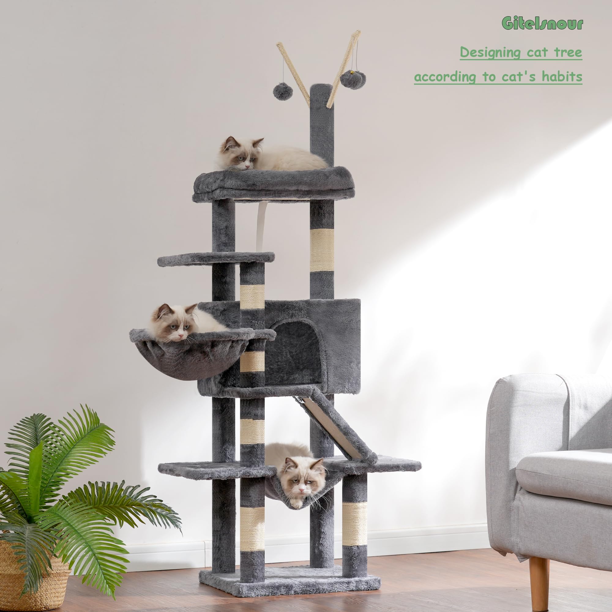 Gitelsnour cat tree multi-level structure facilitates easy jumping between levels for kittens and seniors.