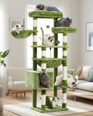Gitelsnour cat tree side view in green, showcasing a stable lounging setup.