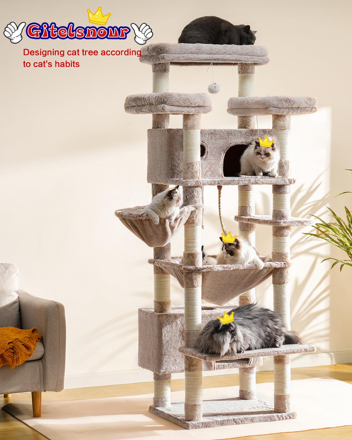 Gitelsnour cat tree spacious baskets offer cozy naps and safe retreat.