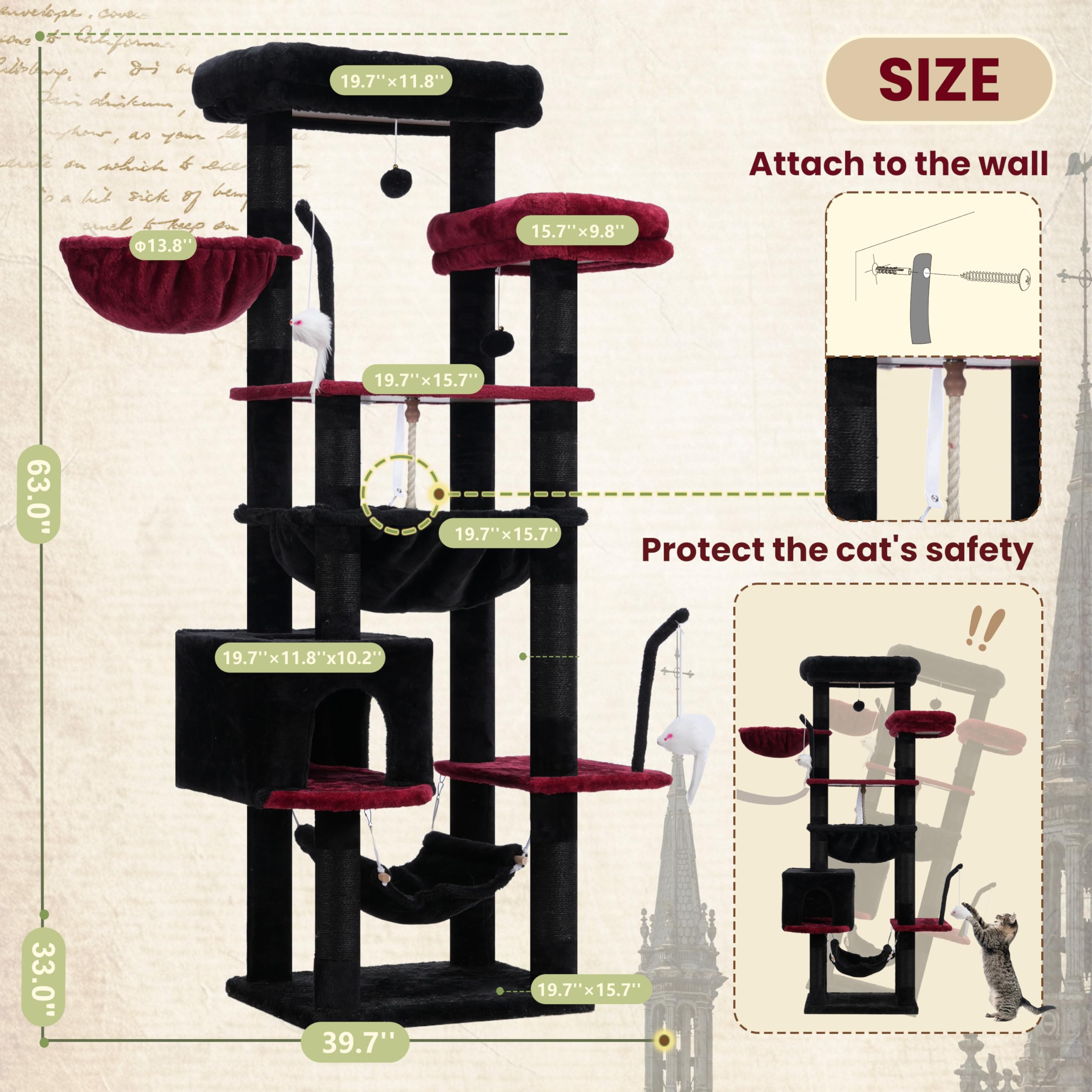 Gitelsnour Gothic Cat Tree anti-tip kit improves stability.