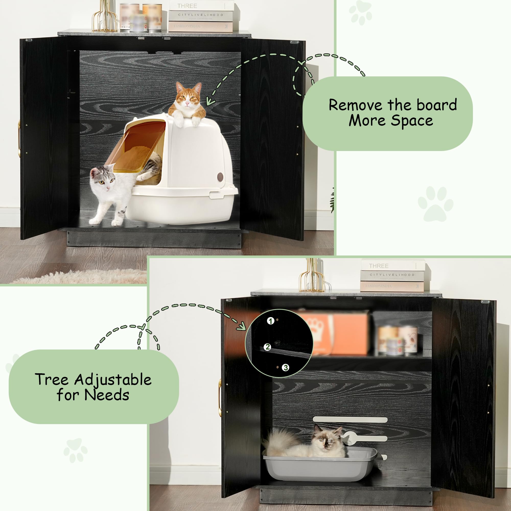 Gitelsnour Litter Box Enclosure adjustable entrance enables left or right orientation.