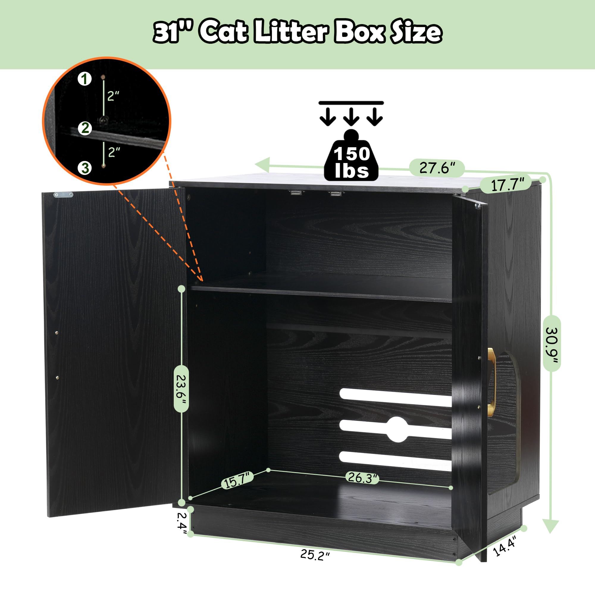 Gitelsnour Litter Box Enclosure hidden shelf keeps litter tools neatly out of sight.
