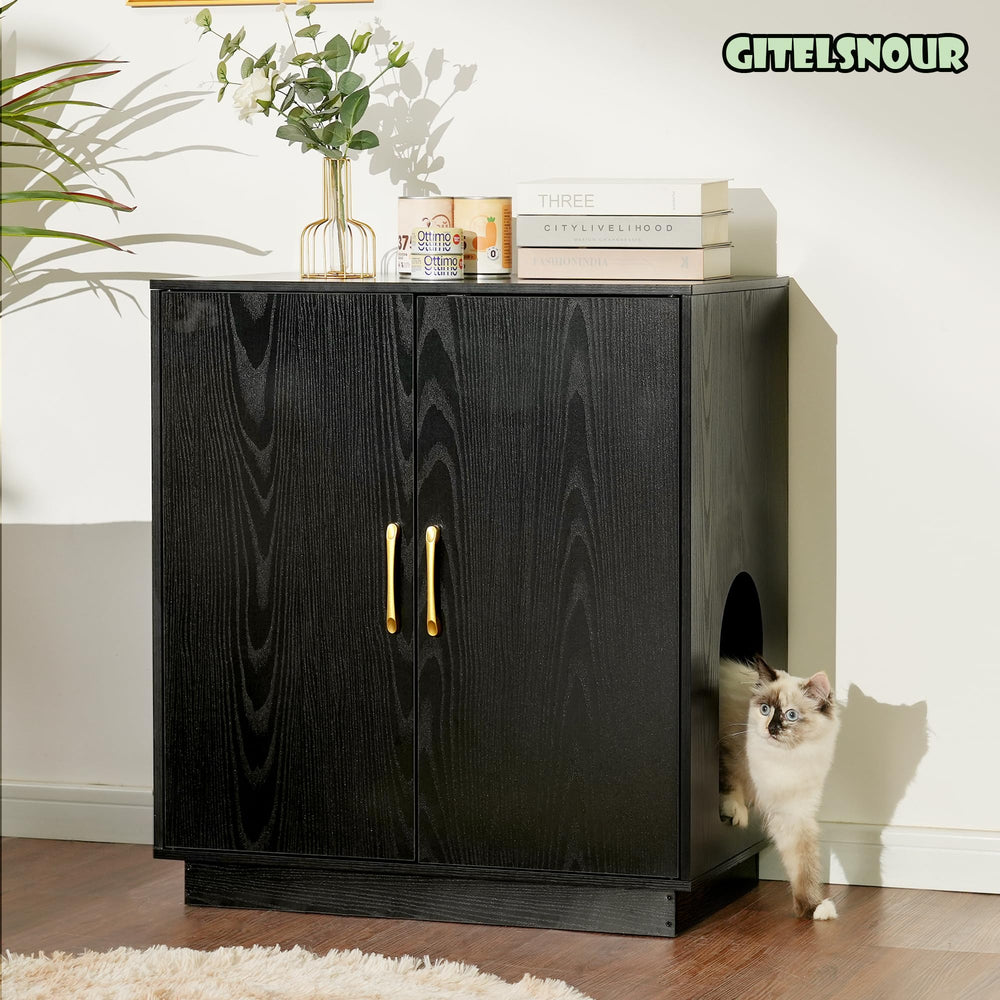 Gitelsnour Litter Box Enclosure side storage open shows built-in shelf for litter supplies.