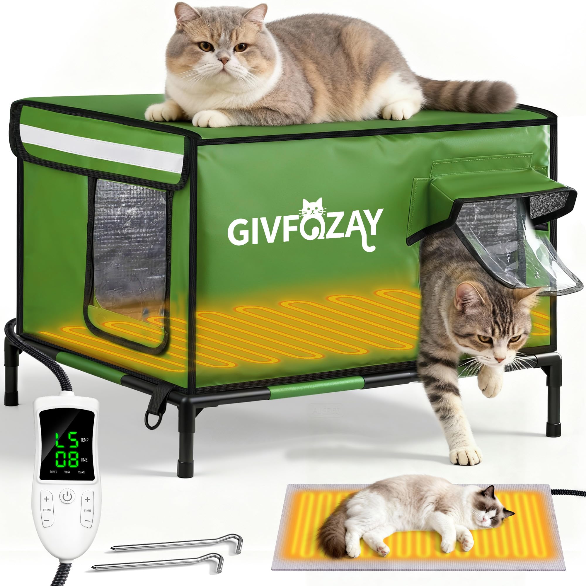GIVFOZAY heated cat house front view highlights durable 900D fabric for all-weather shelter.
