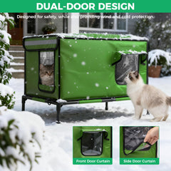 GIVFOZAY heated-cat-house side-entry shows PVC curtains for moisture control and airflow.