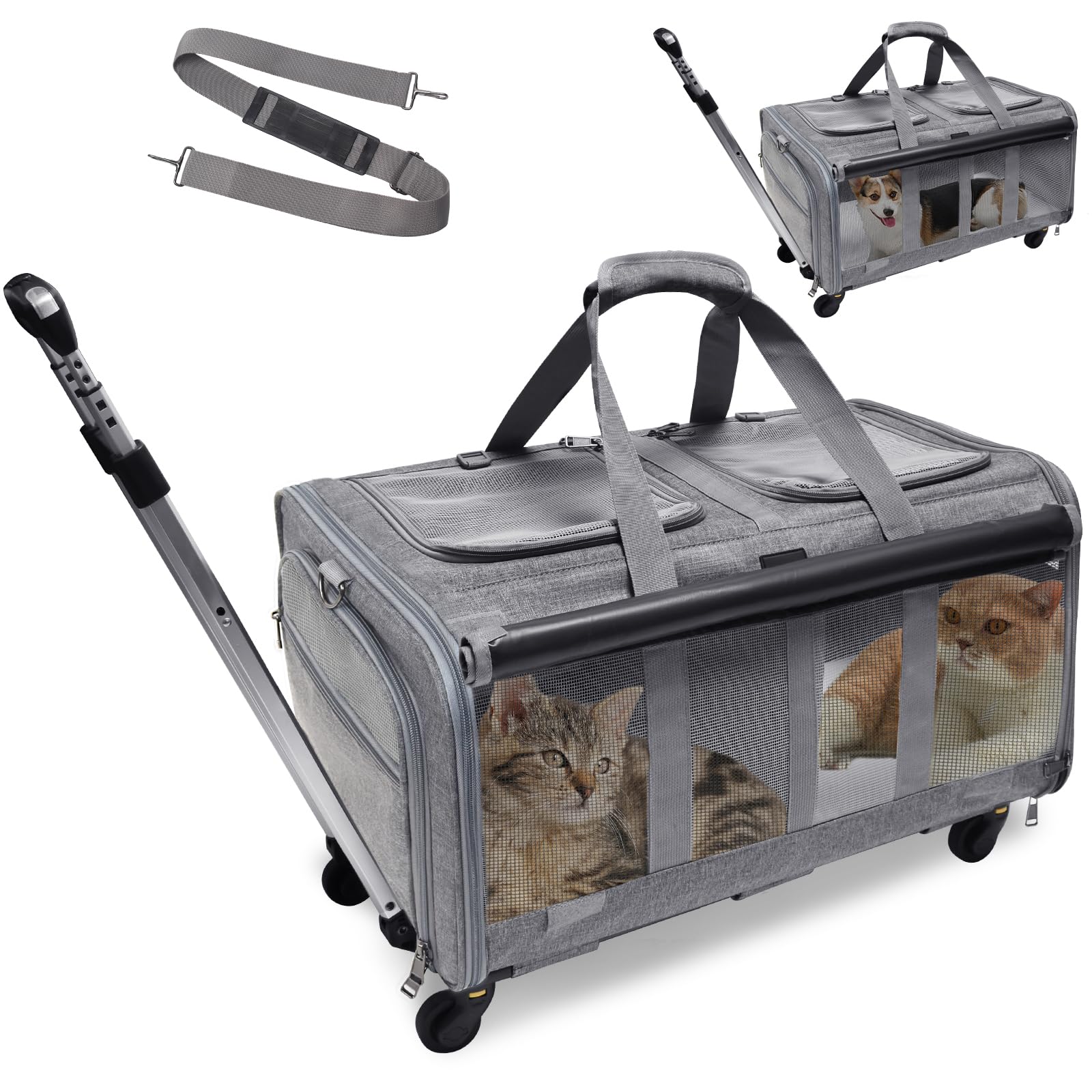 GJEASE Cat Rolling Carrier with double compartments for two cats, ideal for travel.