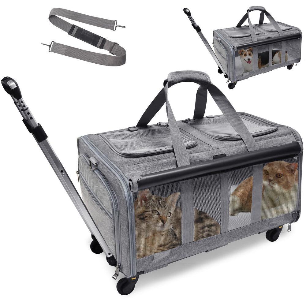 GJEASE Cat Rolling Carrier with double compartments for two cats, ideal for travel.