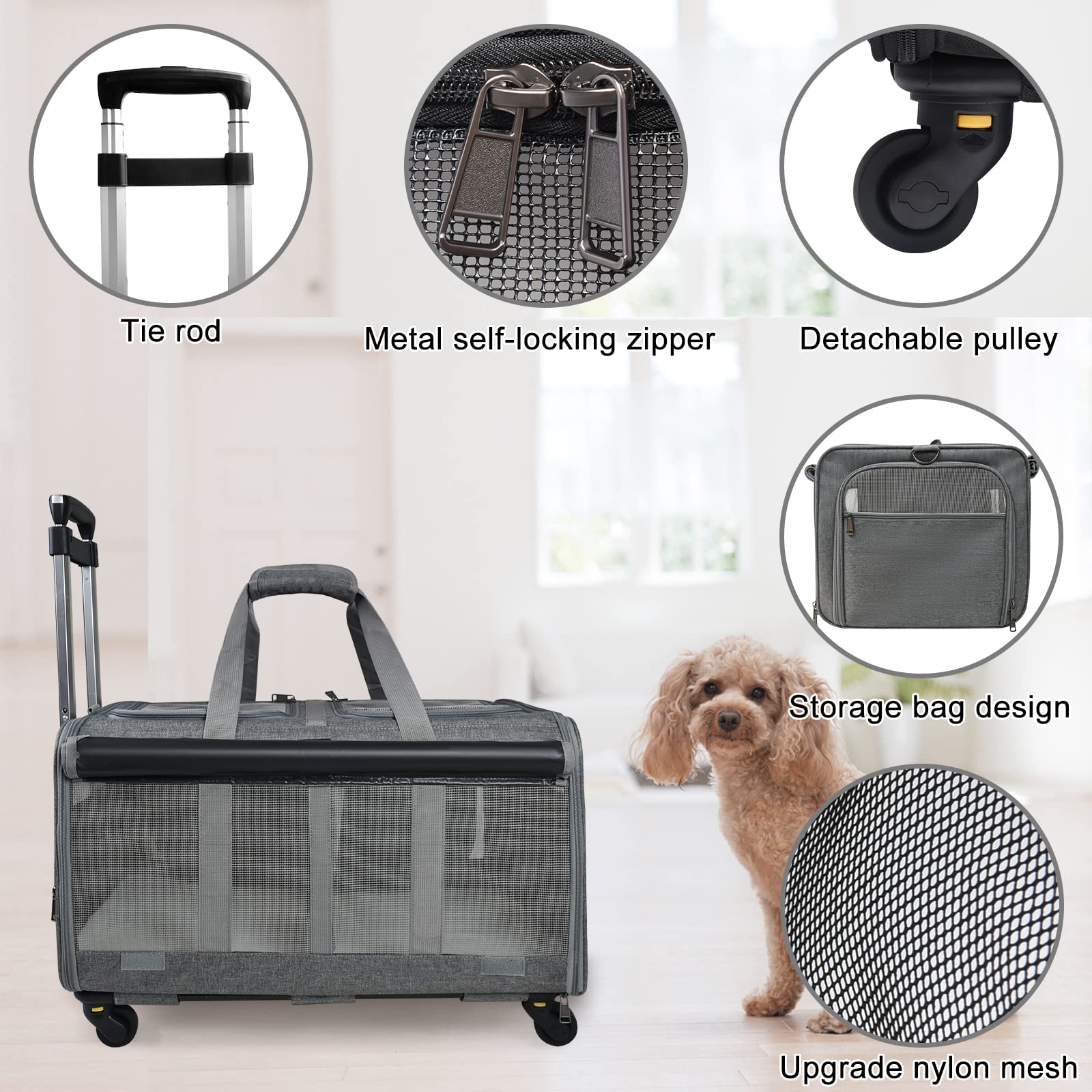 GJEASE Cat Rolling Carrier side pockets store essentials during trips.