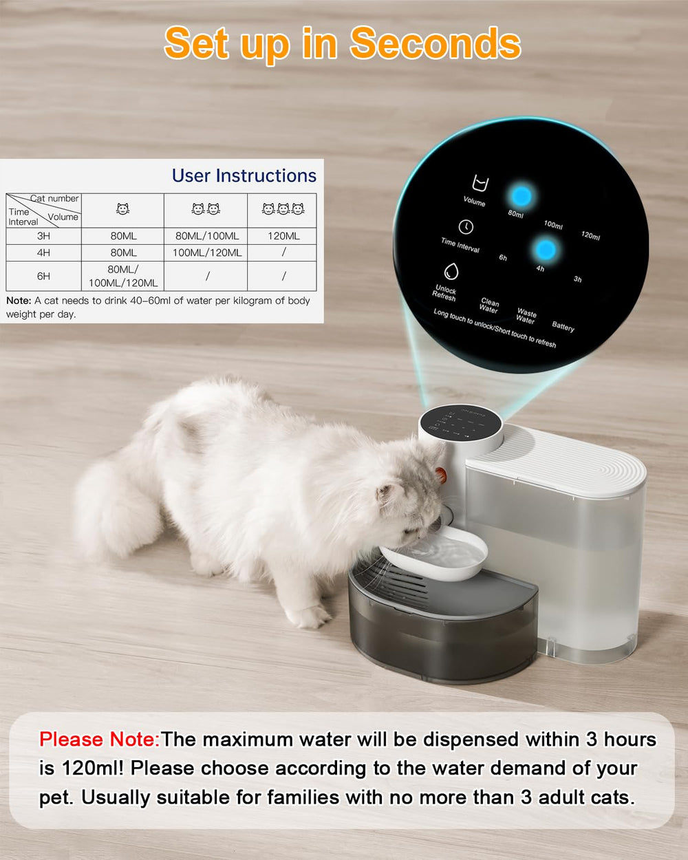 GJEASE digital control panel displays time and volume settings for pet sipping.