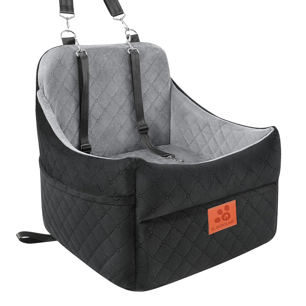 GL GLENSLAVE dog car seat front view demonstrates secure booster seating for pets on road trips.