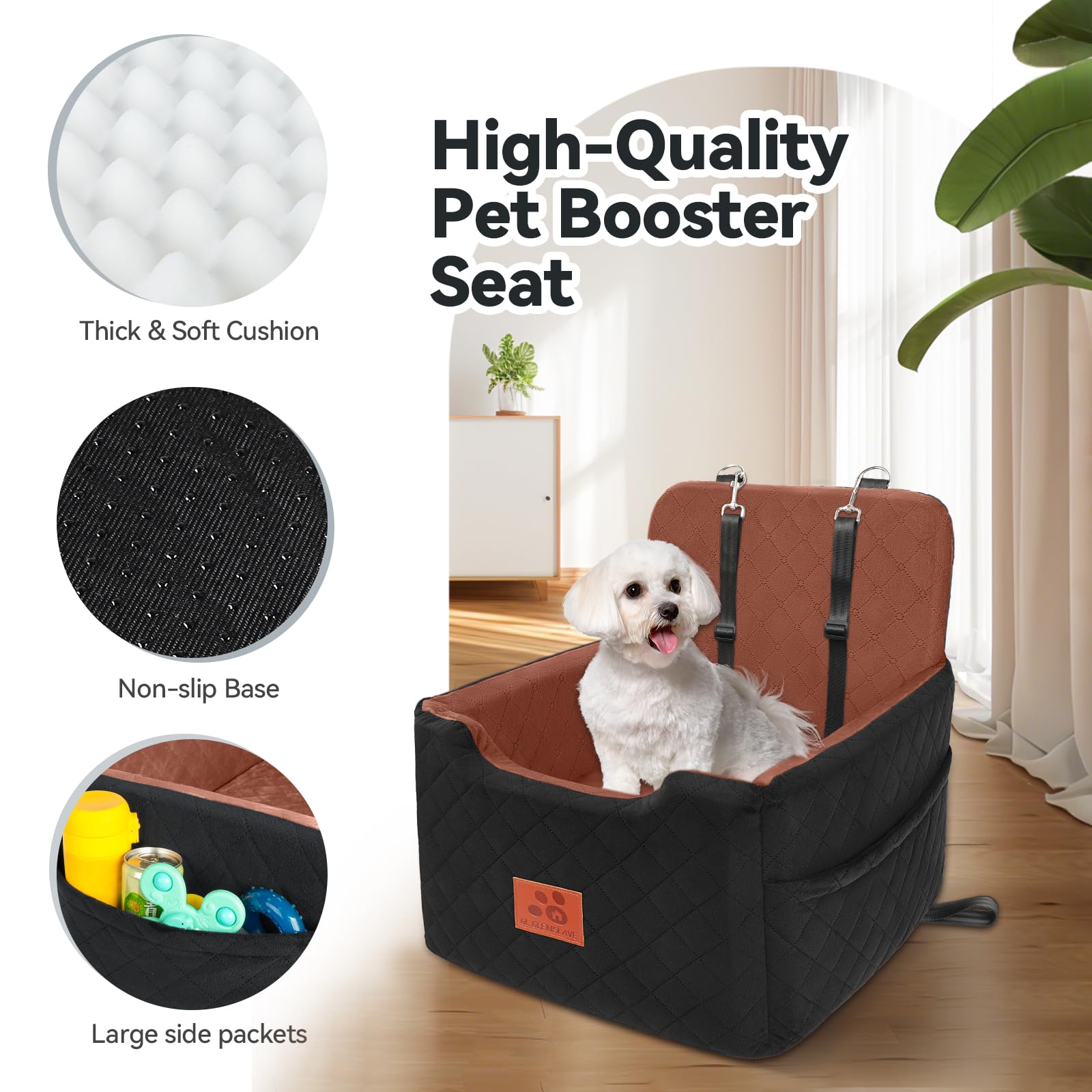 GL GLENSLAVE dog car seat in-use demonstrates compact booster with safety straps