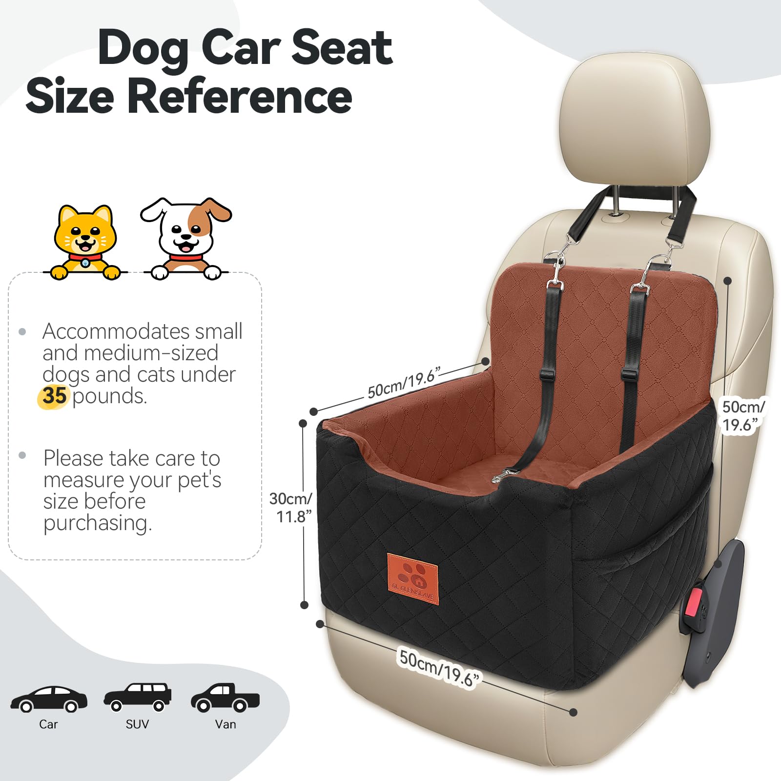 GL GLENSLAVE dog car seat side view highlights memory foam cushion for stability