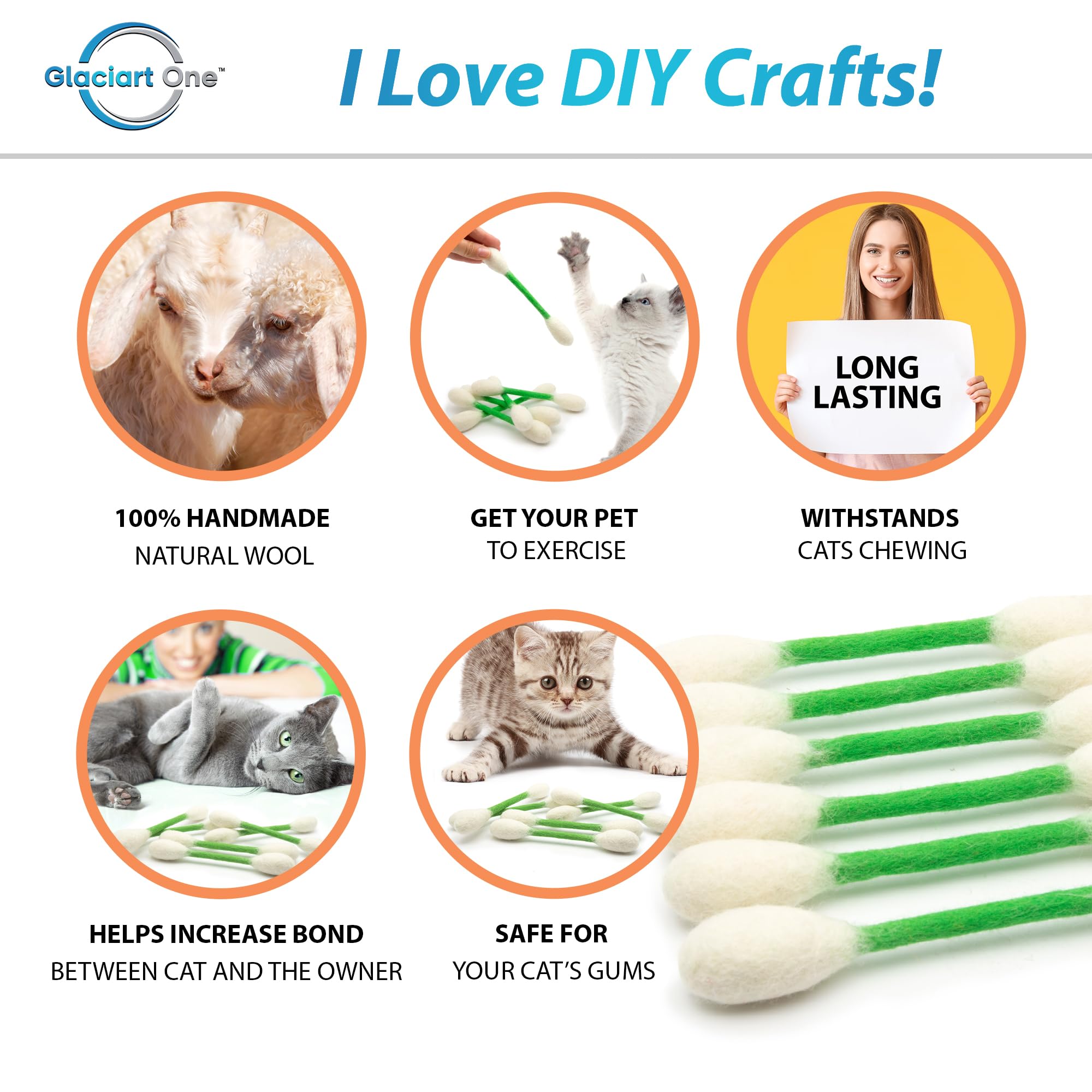 Glaciart One Swabs Cat Toys with Catnip close-up shows natural wool texture for gentle chewing.