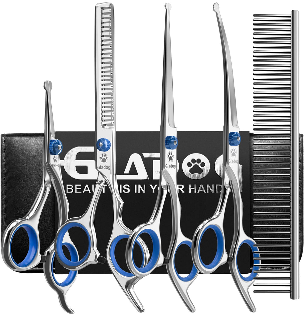 GLADOG dog grooming scissors kit curved tip close-up for precise safe trims