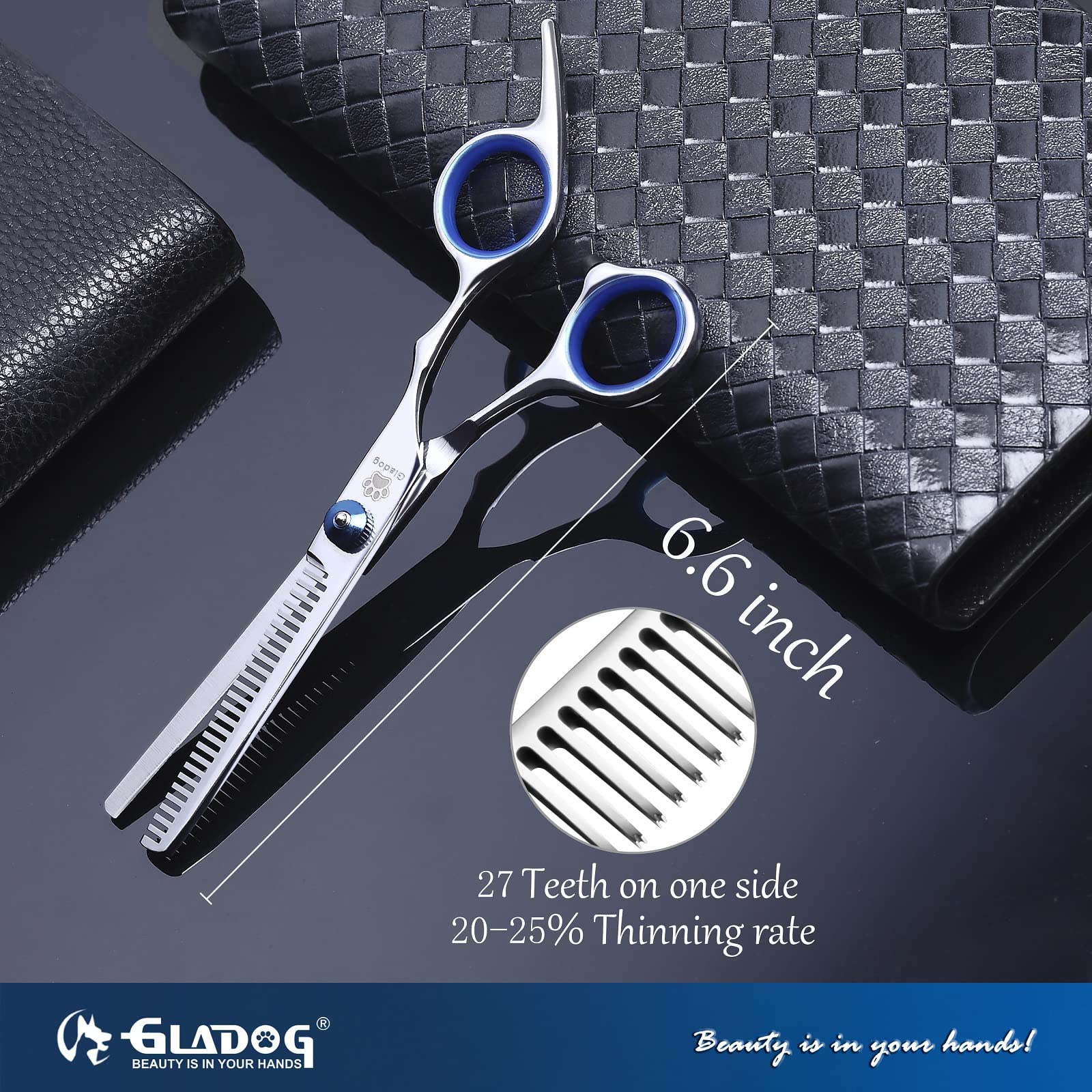 GLADOG 6.5-inch thinning shear close-up showing even coat thinning