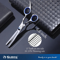 GLADOG 6.5-inch thinning shear close-up showing even coat thinning