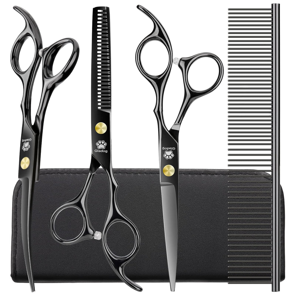 GLADOG kit in use with dog grooming scissors for precise at-home trimming.