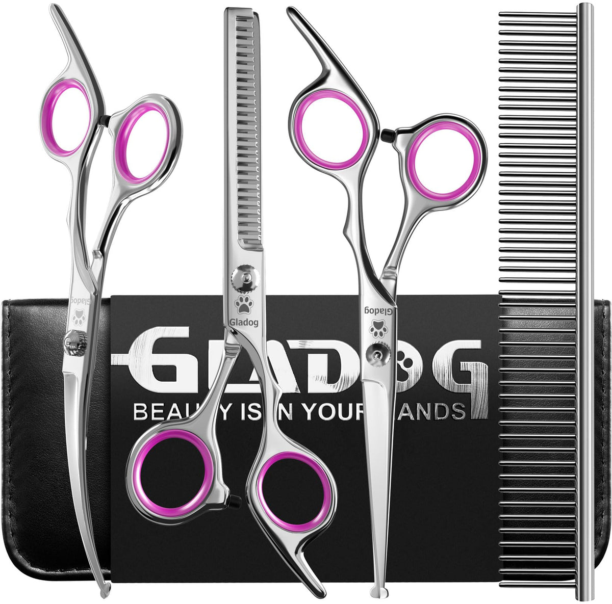 GLADOG professional 5-in-1 grooming scissors set close-up showing rounded-tip safety.