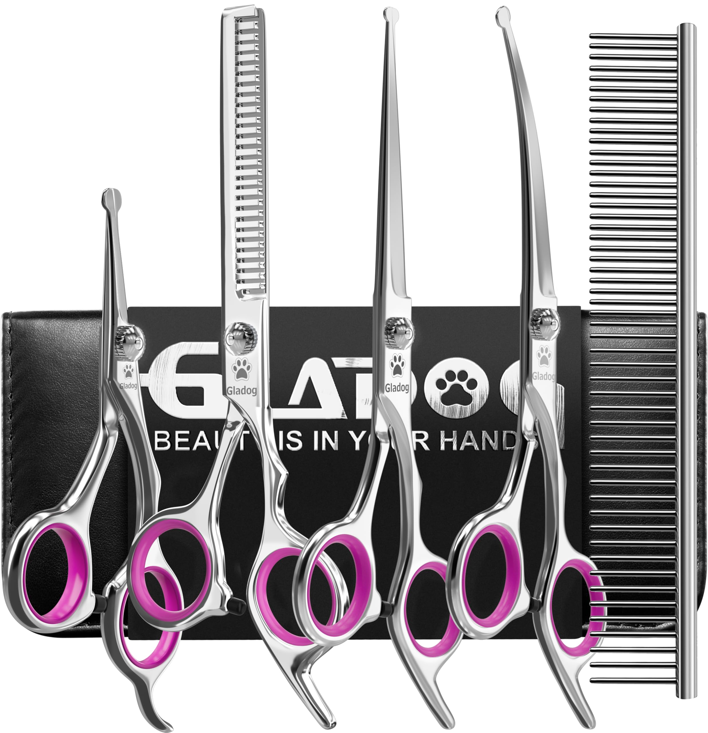 GLADOG thinning shear image demonstrates precise coat thinning for balanced grooming results.