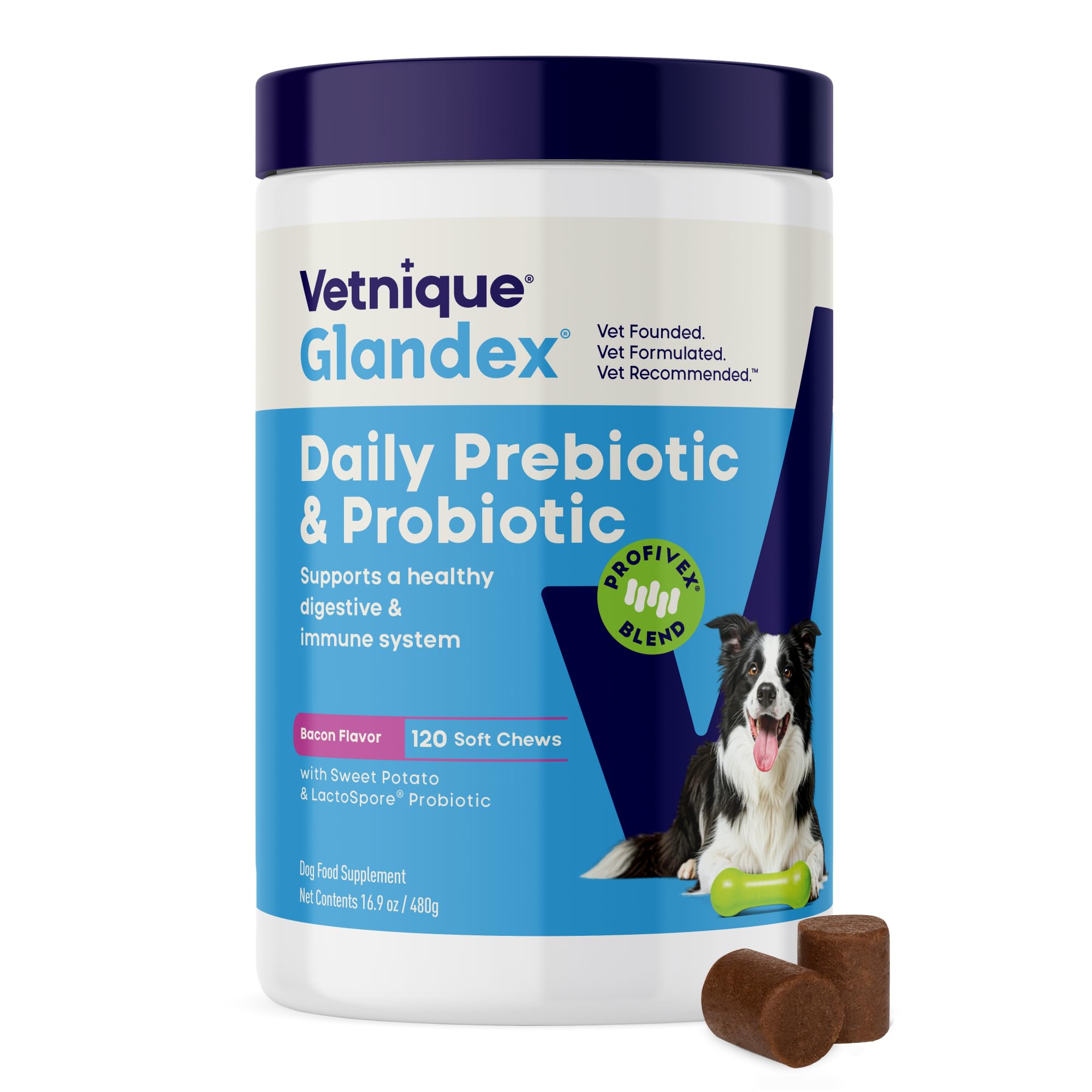 Vetnique Glandex daily probiotics for dogs – packaging view showing bacon chews for convenience.