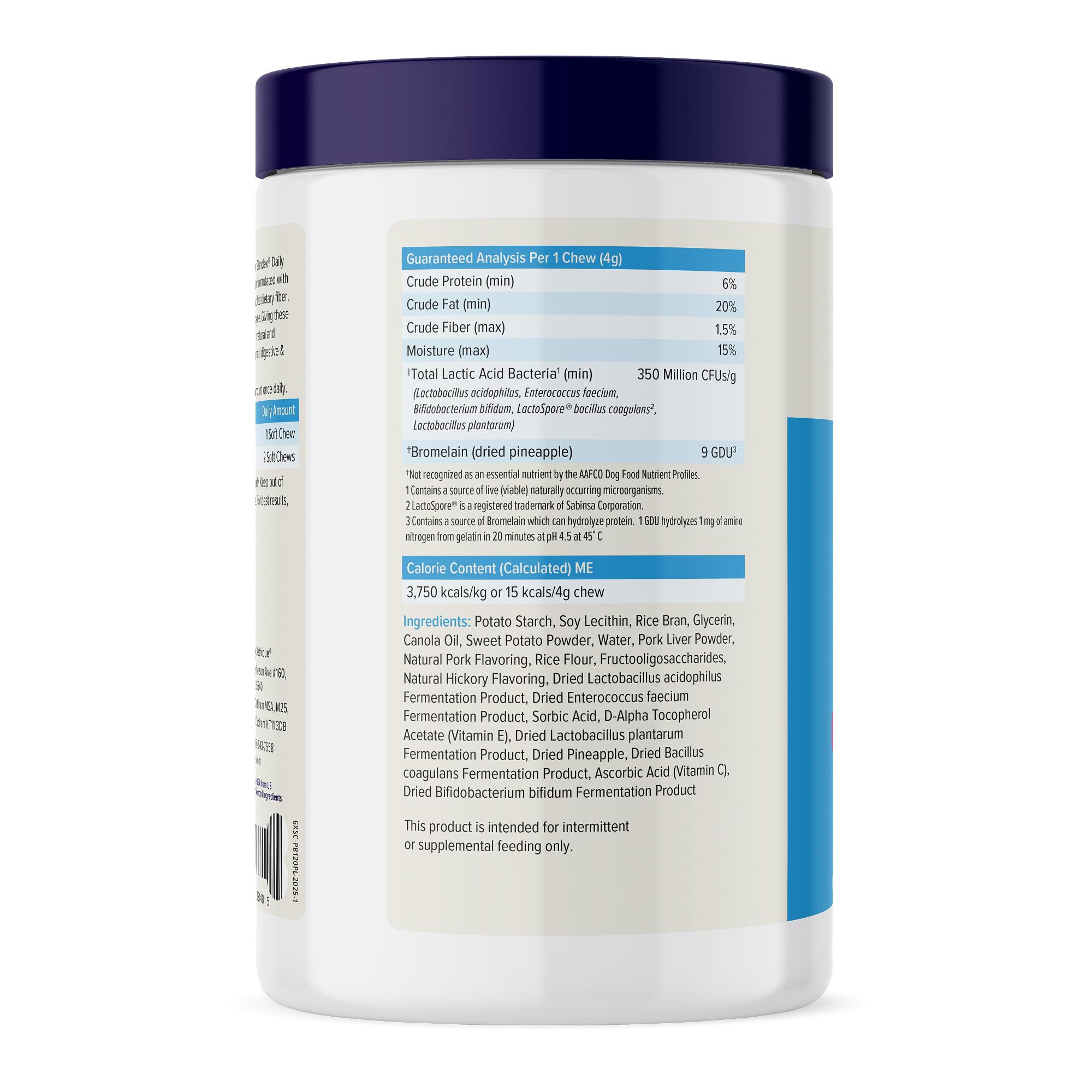 Vetnique Glandex bacon chews – bag and chews illustrate daily probiotic routine.