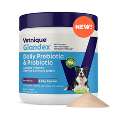 Glandex daily probiotics powder jar highlights gut health and fiber support for dogs