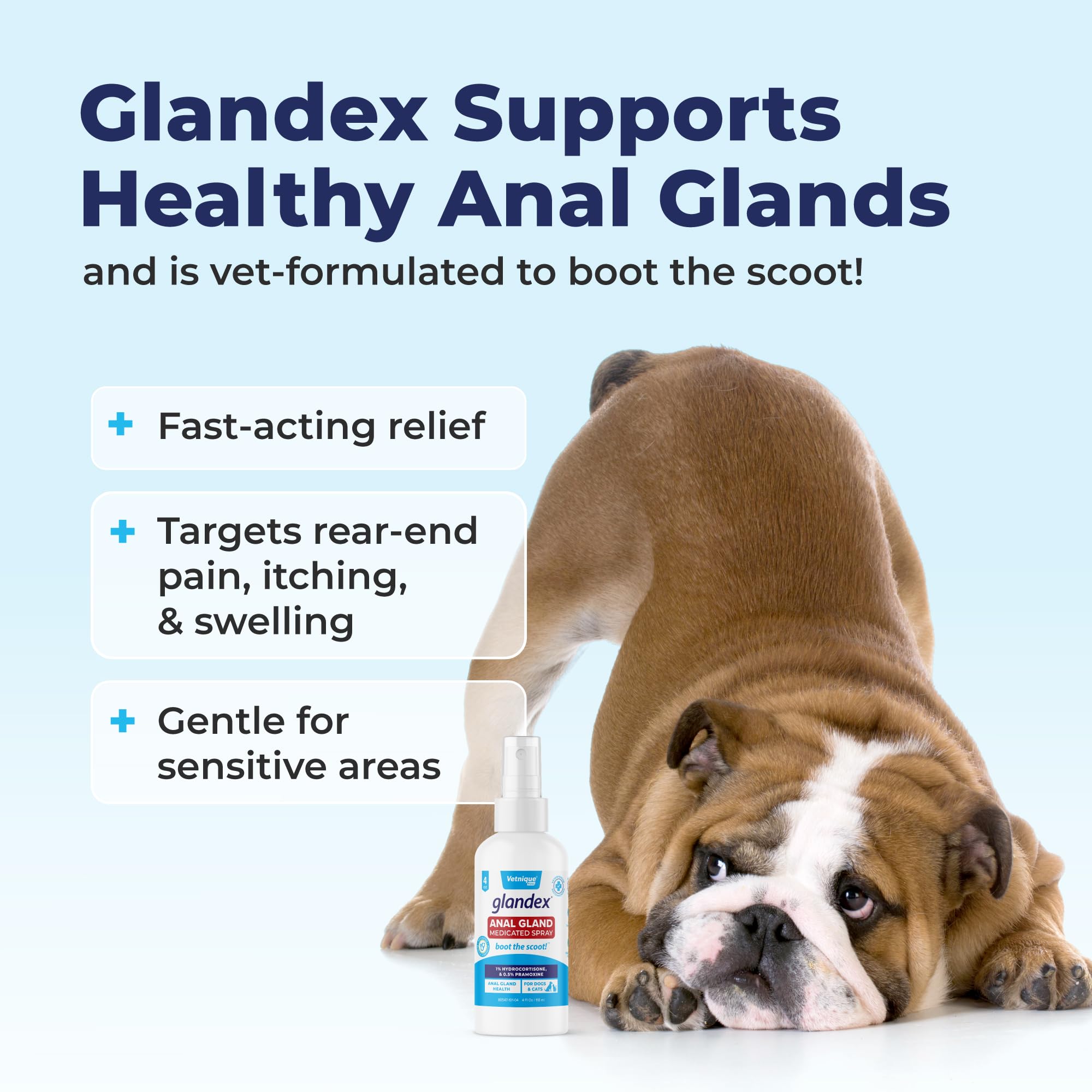 Glandex medicated spray application scene enabling convenient scooting relief