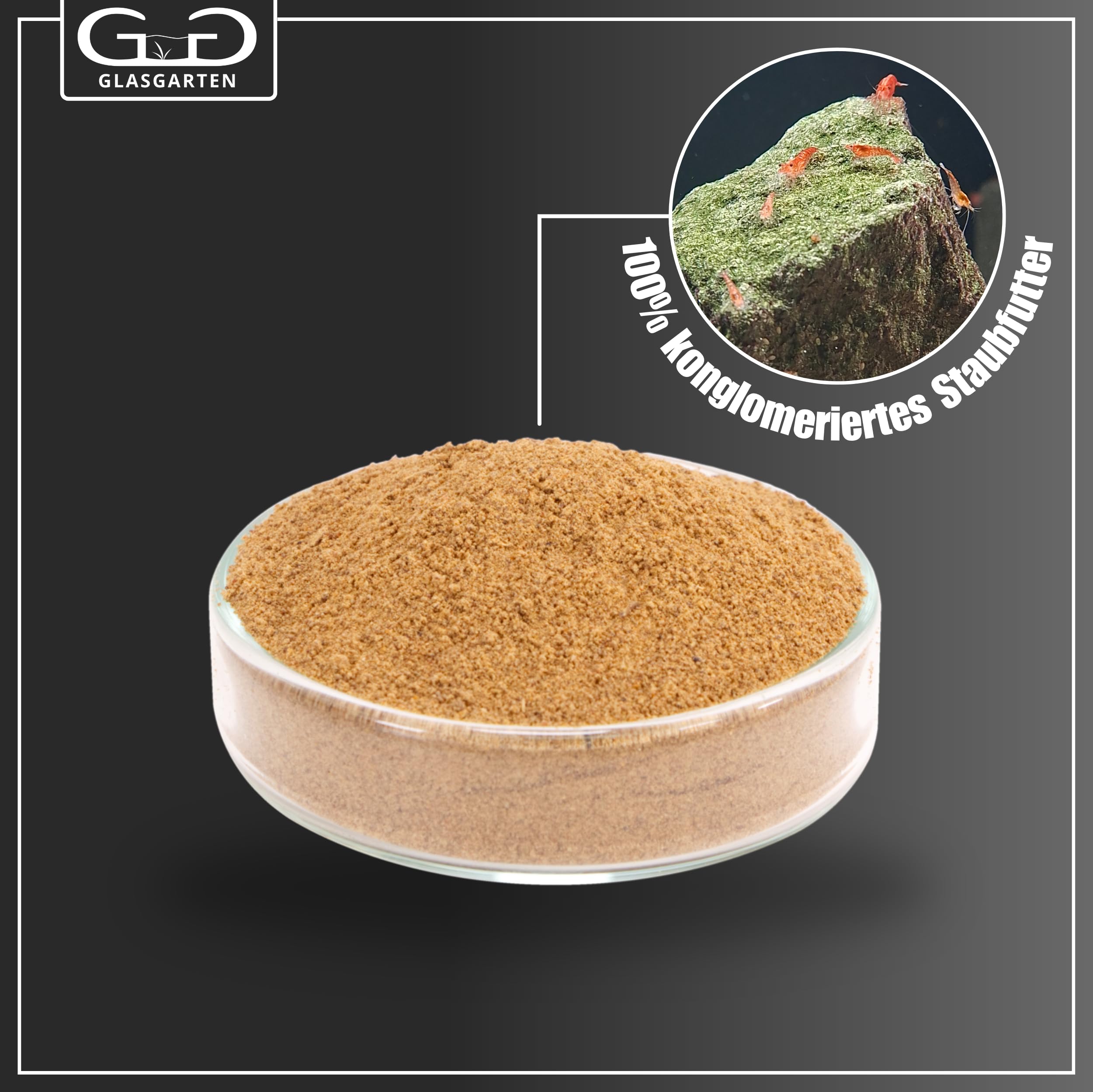 Illustration of algae, vegetables, and herbs included in GlasGarten Shrimp Baby Food.