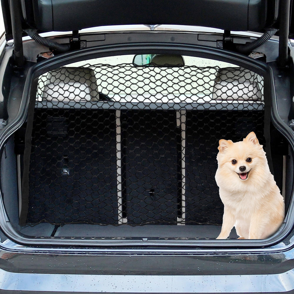 GLIDESMOOTH dog car net barrier shown covering back area for safer road trips