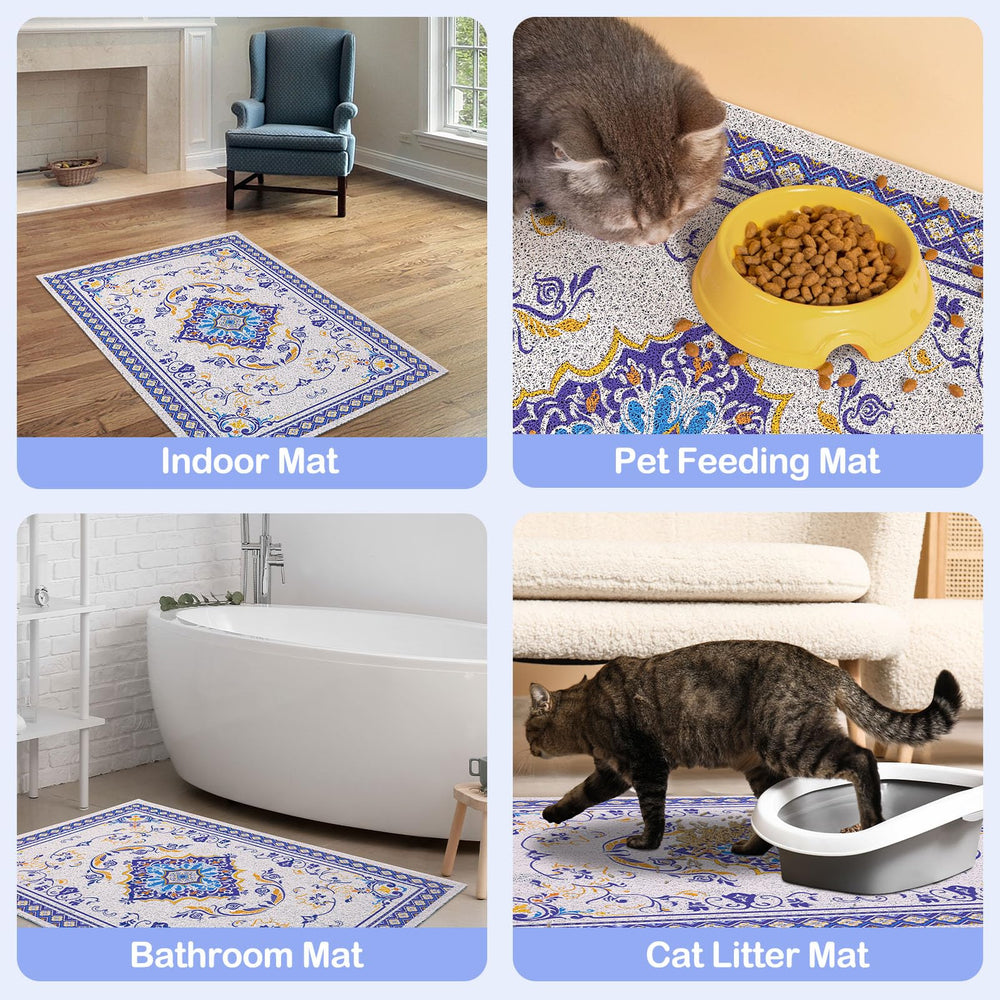 Glittme cat litter mat bright patterns add cheer while trapping debris.