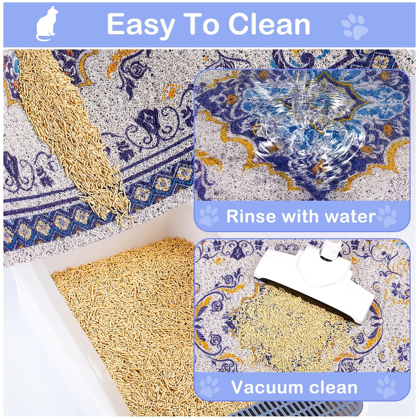 Glittme cat litter mat sits under litter box and guards surrounding area.