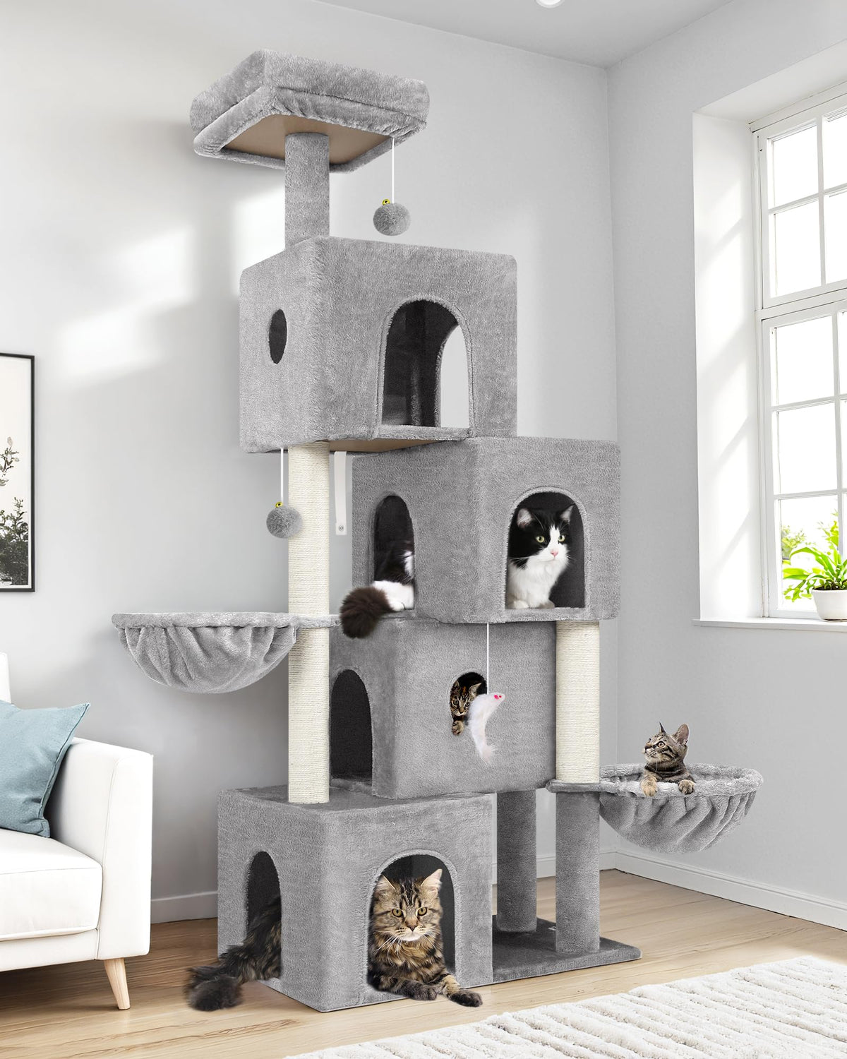 Globlazer 70in cat tower assembled in living room for multi-cat use