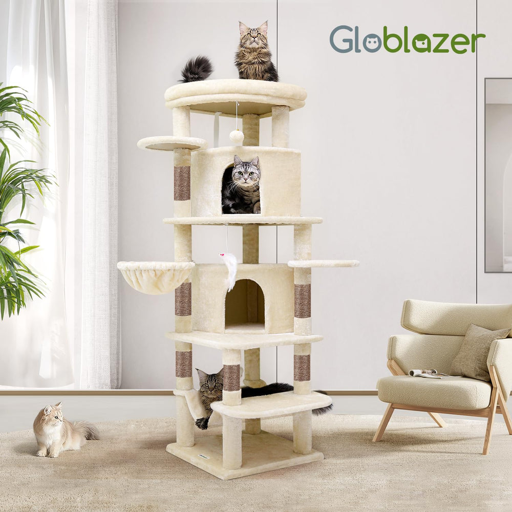 Globlazer beige cat tree blends with decor while supporting multi cat use