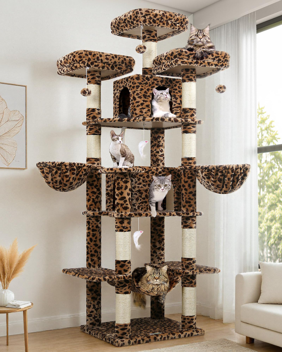 Globlazer Big Cat Tower leopard perches provide elevated viewpoints for curious indoor cats to observe surroundings.