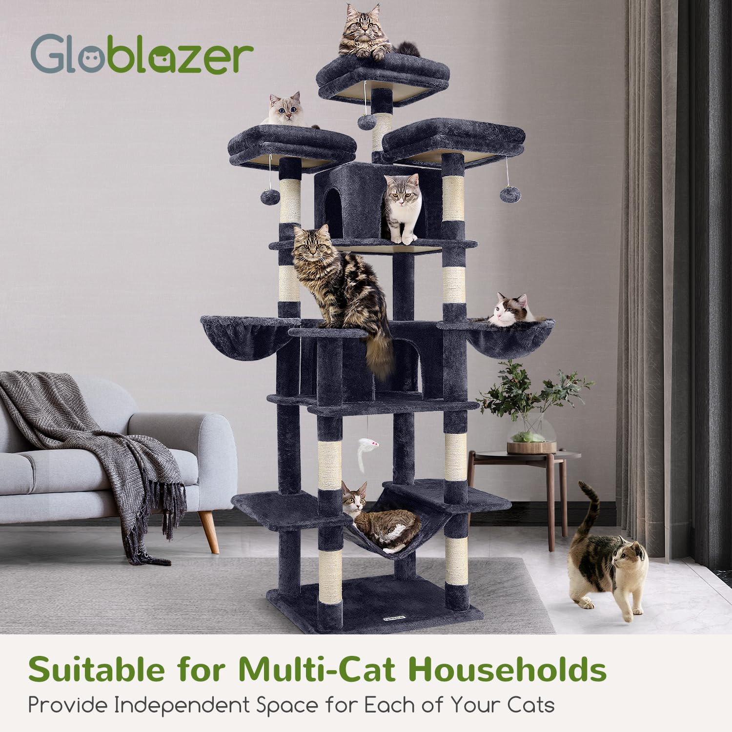 Globlazer Big Cat Tower Sturdy Base minimizes wobble during play.