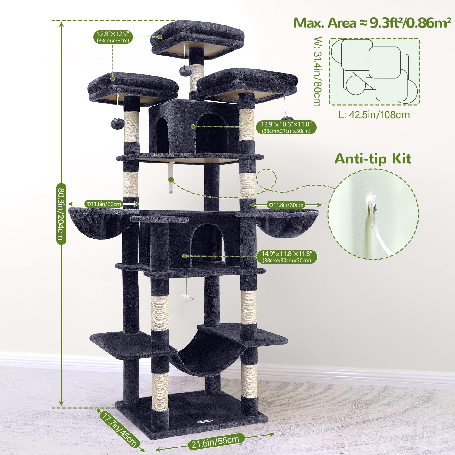 Globlazer Big Cat Tower Two Hanging Baskets create cozy lounging spots.