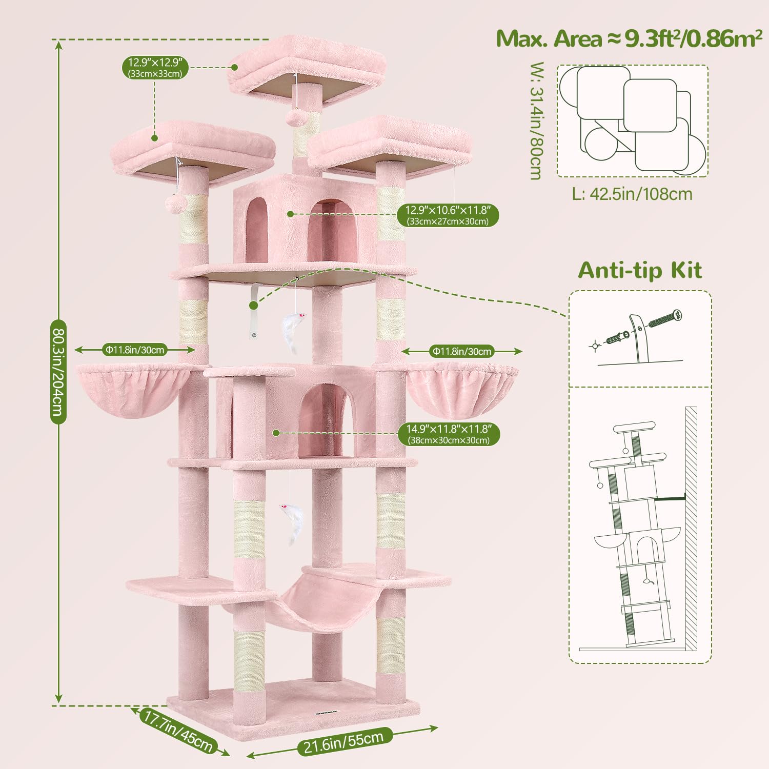 Globlazer Big Pink Cat Tower—includes hammock and two hanging baskets for lounging.