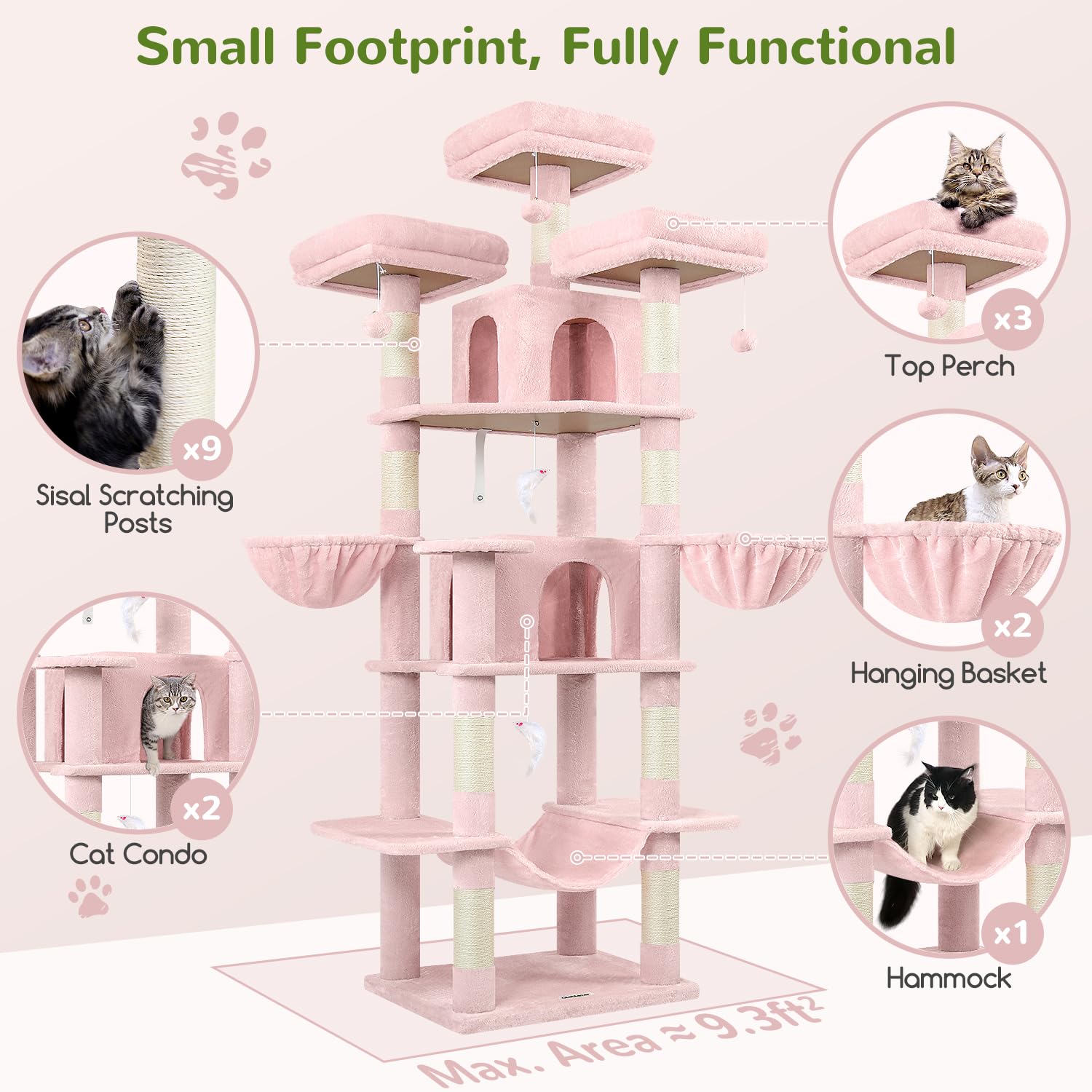 Globlazer Big Pink Cat Tower—three top perches offer elevated vantage points.