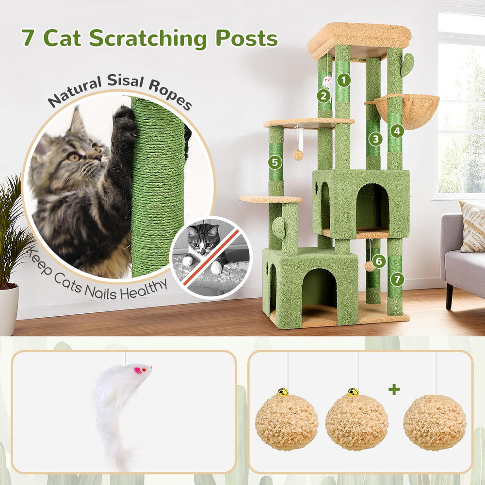 Globlazer Cactus Cat Tower fully assembled display with premium green fabric