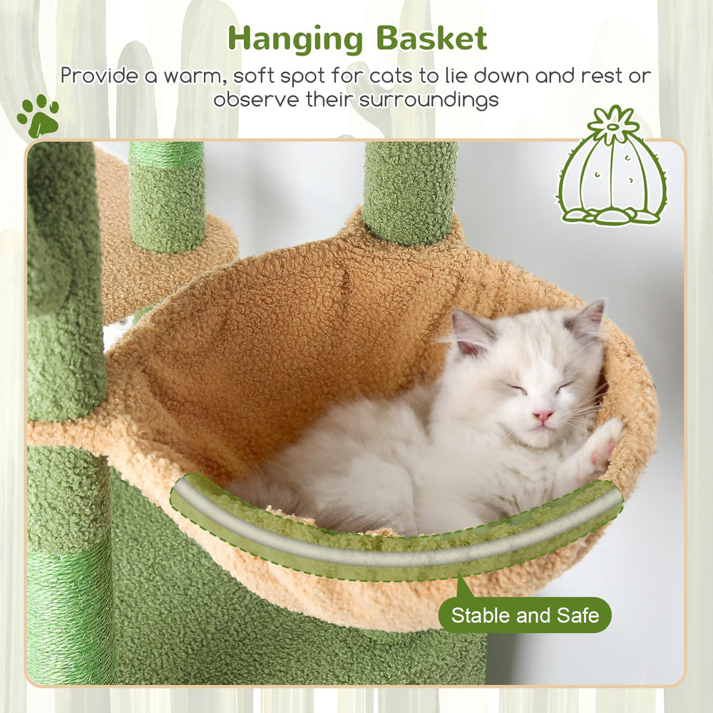 Globlazer Cactus Cat Tower includes hanging toys for daily enrichment