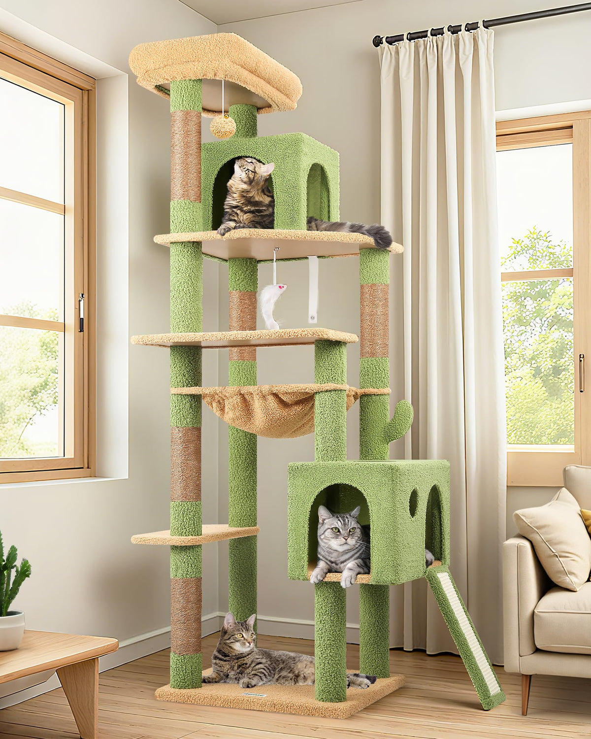 Globlazer cactus cat tree tower 70in front view—tall perch for curious indoor cats