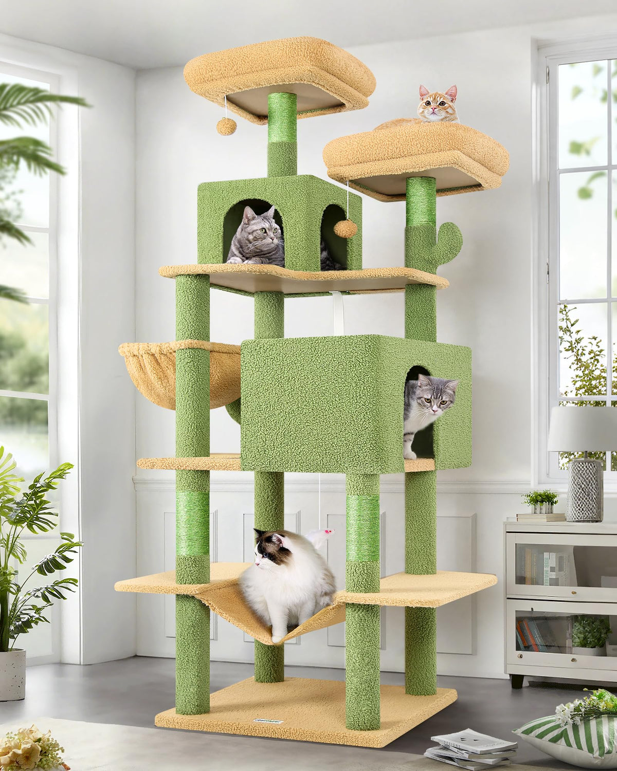 Globlazer Cactus Cat Tree Tower 76-Inch side view demonstrates space-saving multi-level play