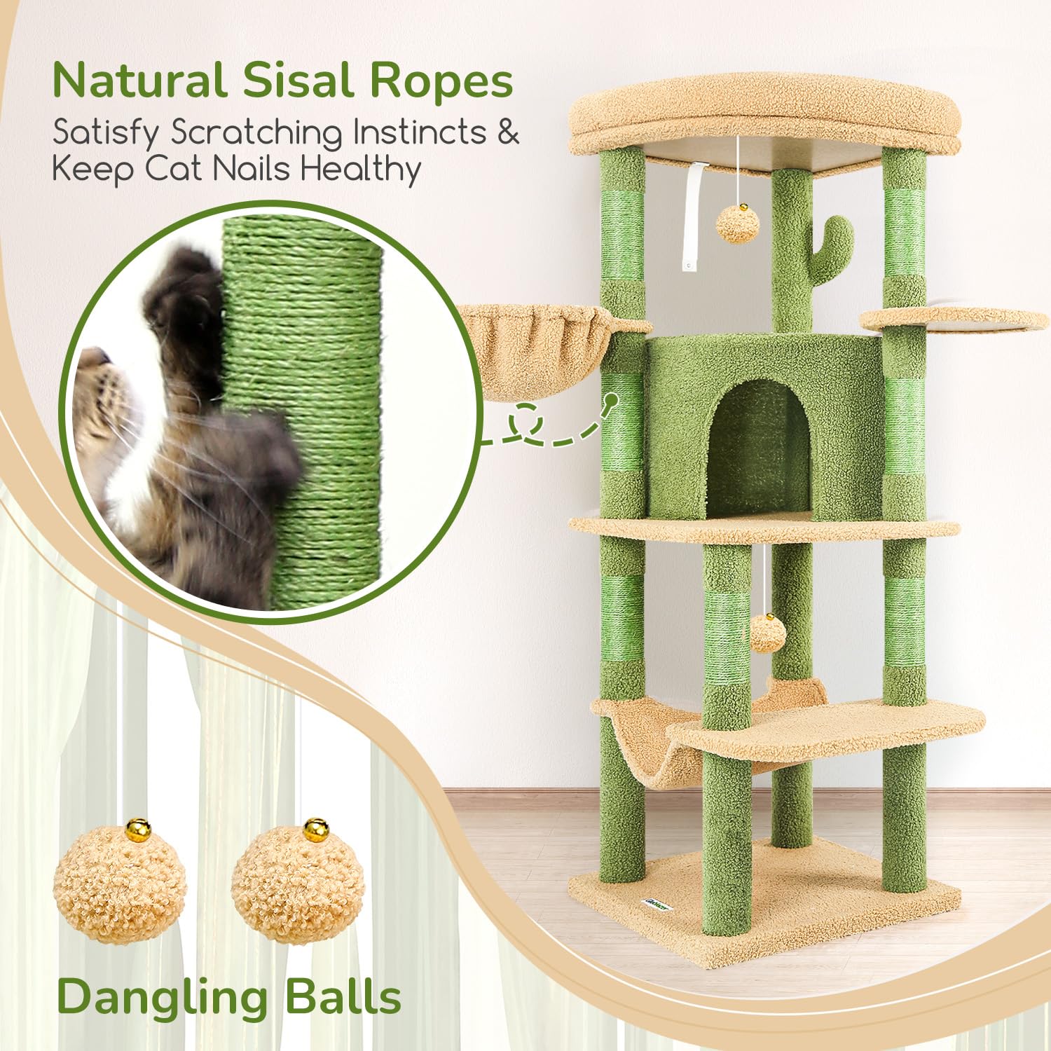 Globlazer cactus corner cat tree hanging basket creates another playful lounging option.