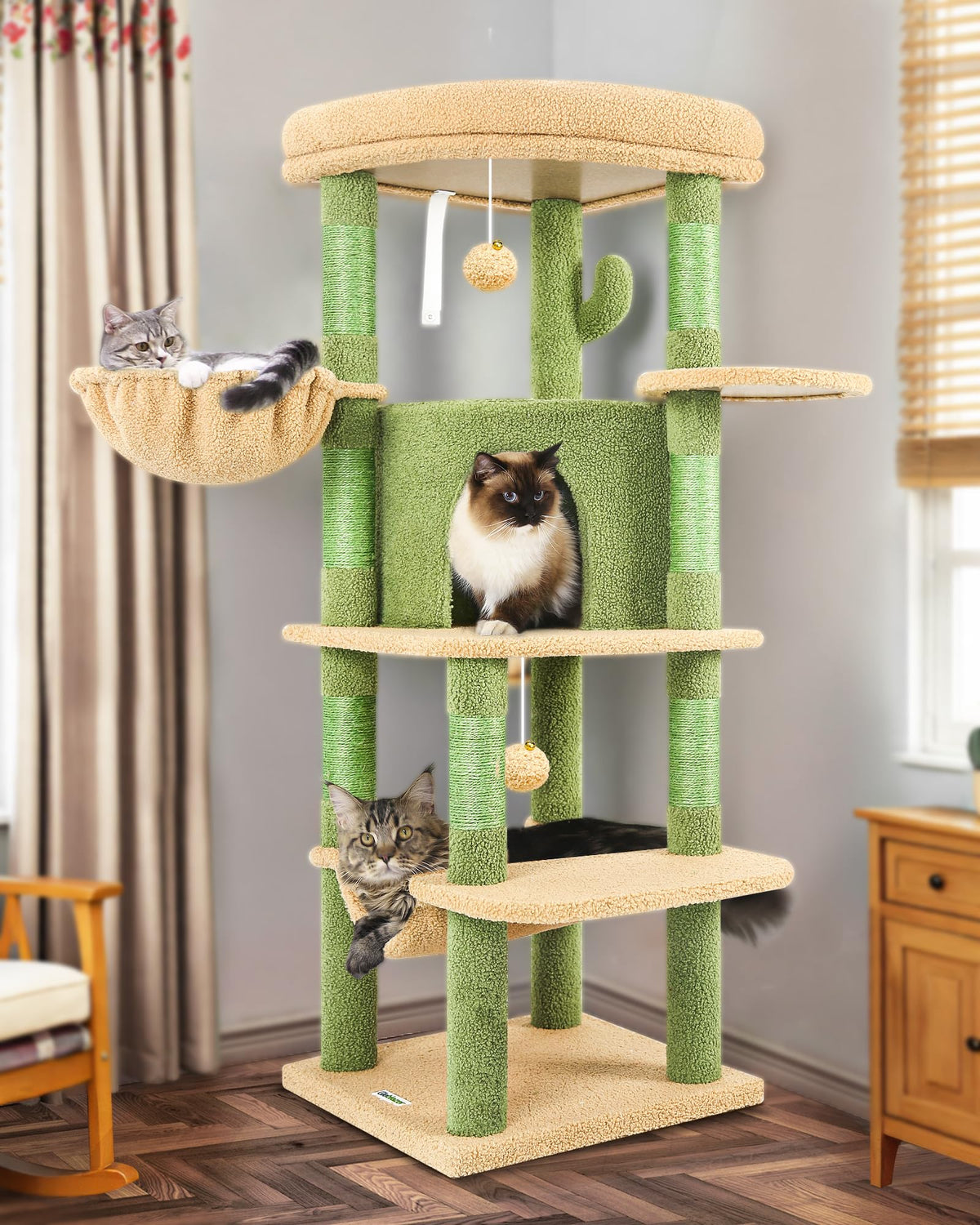 Globlazer cactus corner cat tree top perch provides a roomy, comfortable lookout for curious indoor cats.